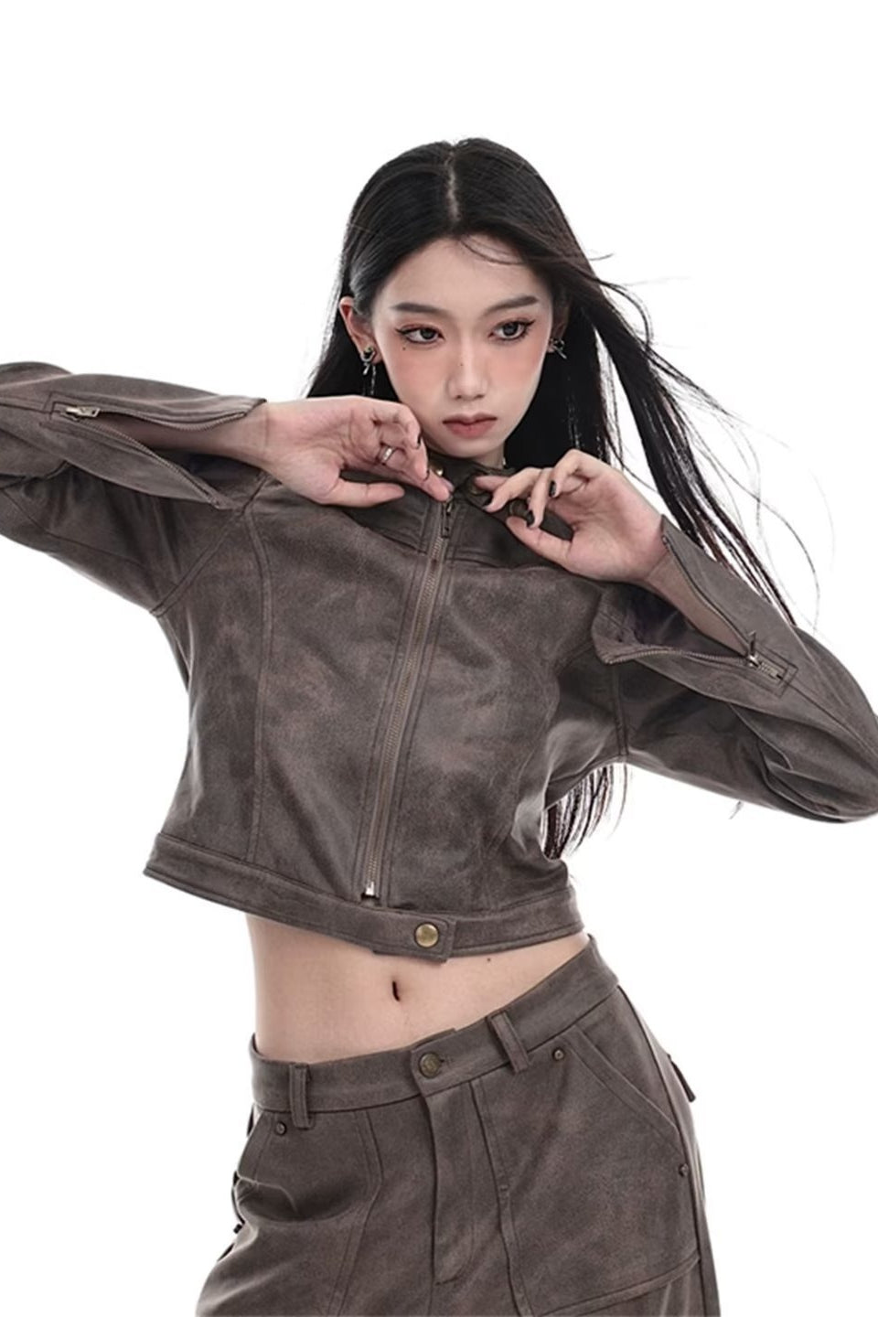 Cropped Tie-Dye Stand Collar Jacket