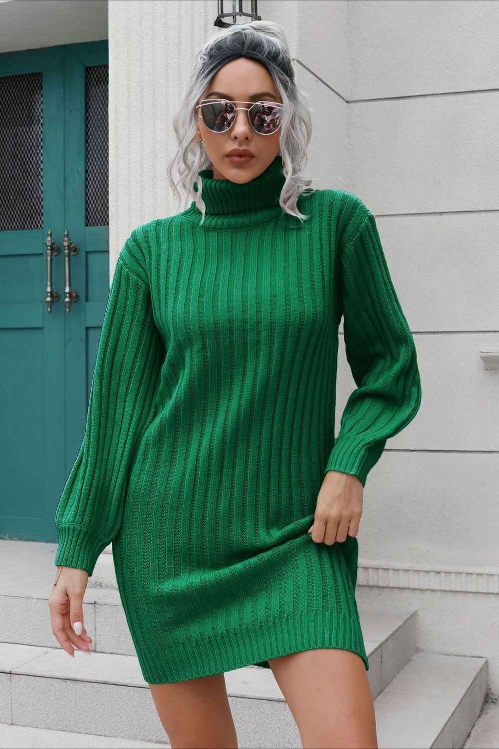 Short Ribbed Turtleneck Sweater Dress