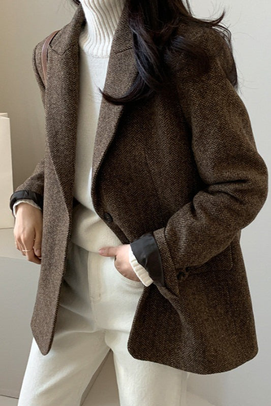 Wool Blend Solid Color Blazer S / Brown