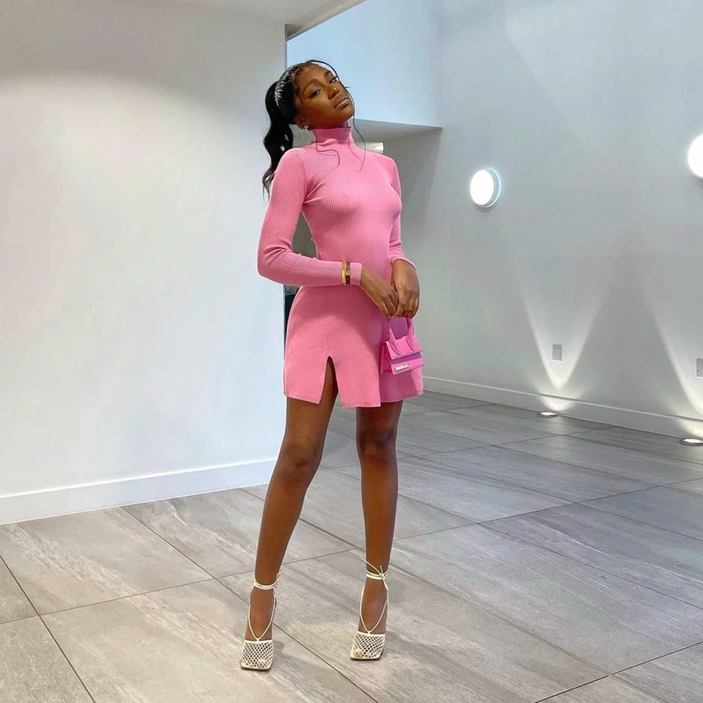 Julia Fashion - Sexy Ribbed Turtleneck Long Sleeve Bodycon Mini Dress