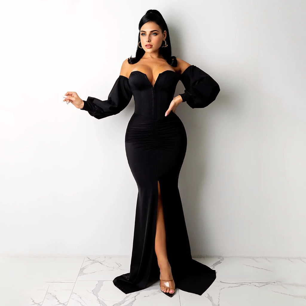 Julia Fashion - Women Sexy Slash Neck Split Maxi Dress