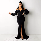 Julia Fashion - Women Sexy Slash Neck Split Maxi Dress