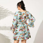 JuliaFashion-Long Sleeve V-Neck Sexy Floral Printed Mini Sundress