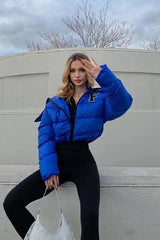 Polar Fleece Patchwork Faux Fur Collar Puffer Jacket S / Blue