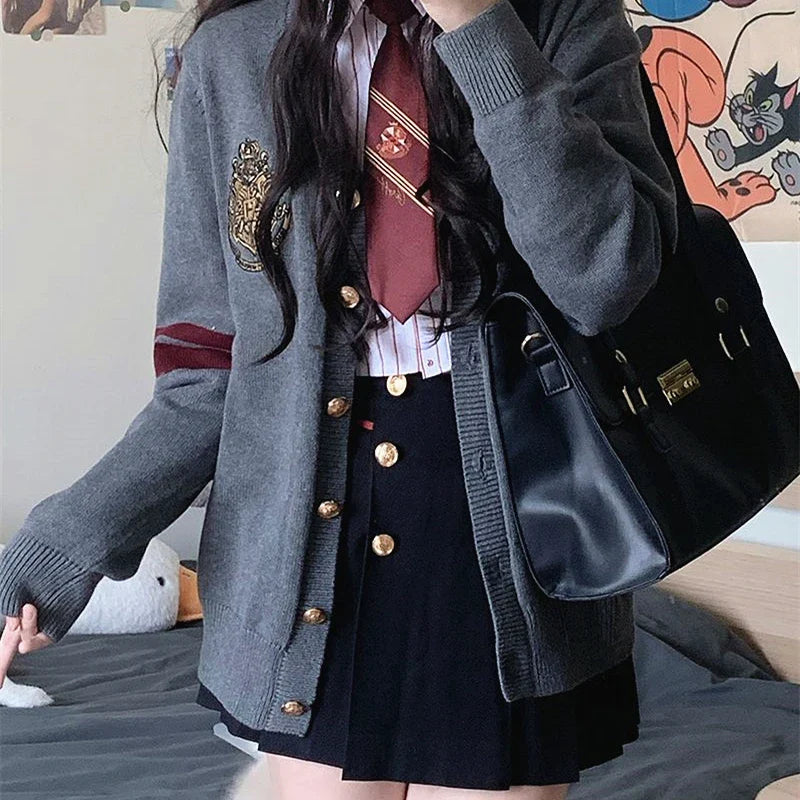 Vintage Preppy Badge Embroidery Loose V-neck College Button Up Cardigan