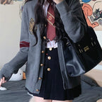 Vintage Preppy Badge Embroidery Loose V-neck College Button Up Cardigan