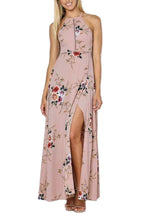 JuliaFashion-Apricot Floral Cutout Back Halter Split Maxi Boho Dress
