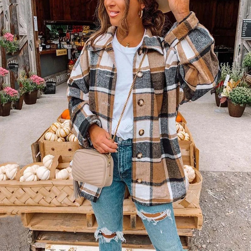 JuliaFashion - 2024 Women Oversized Checkered Autumn Plaid Shirt Jacket