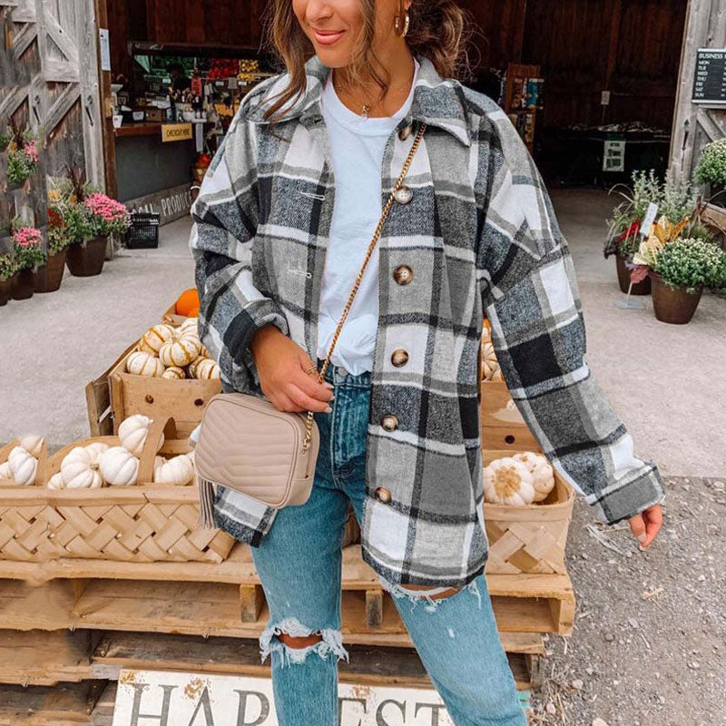JuliaFashion - 2024 Women Oversized Checkered Autumn Plaid Shirt Jacket