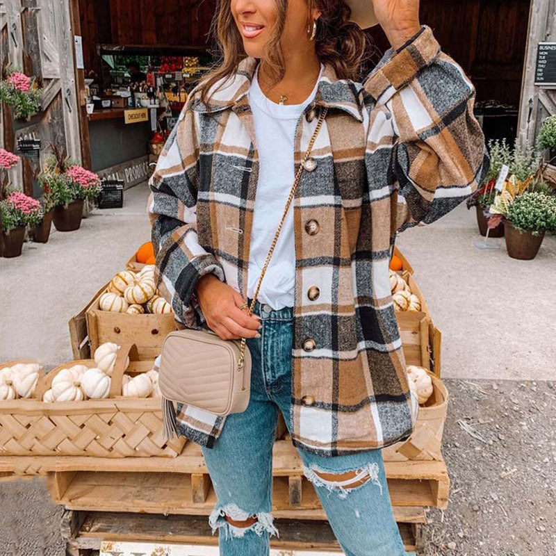 JuliaFashion - 2024 Women Oversized Checkered Autumn Plaid Shirt Jacket
