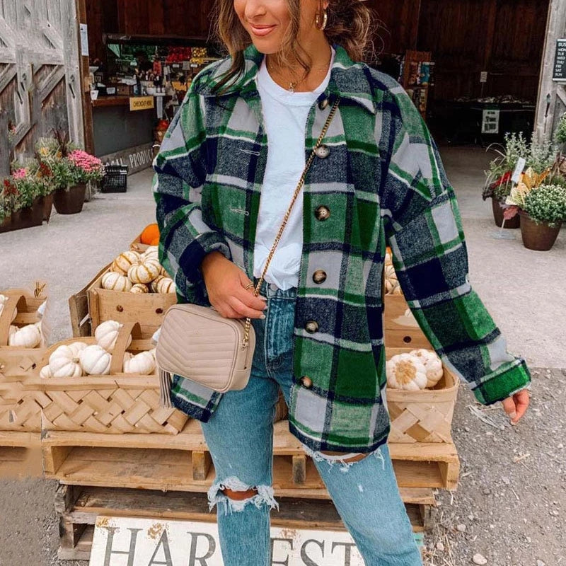 JuliaFashion - 2024 Women Oversized Checkered Autumn Plaid Shirt Jacket