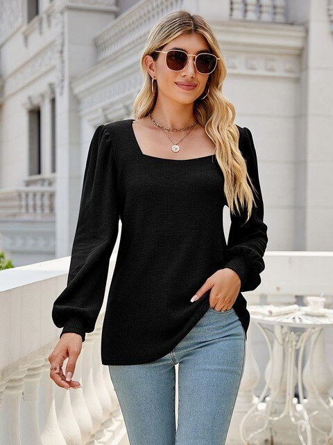 JuliaFashion - 2024 Waffle Pattern Square Collar Long Sleeve Oversized T Shirt