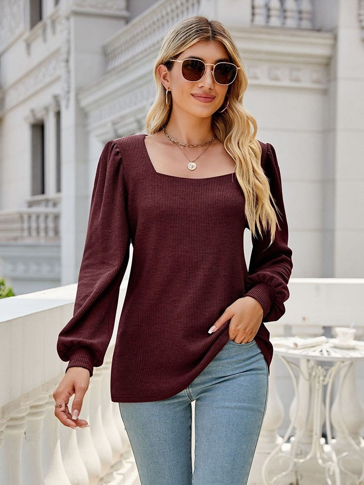 JuliaFashion - 2024 Waffle Pattern Square Collar Long Sleeve Oversized T Shirt