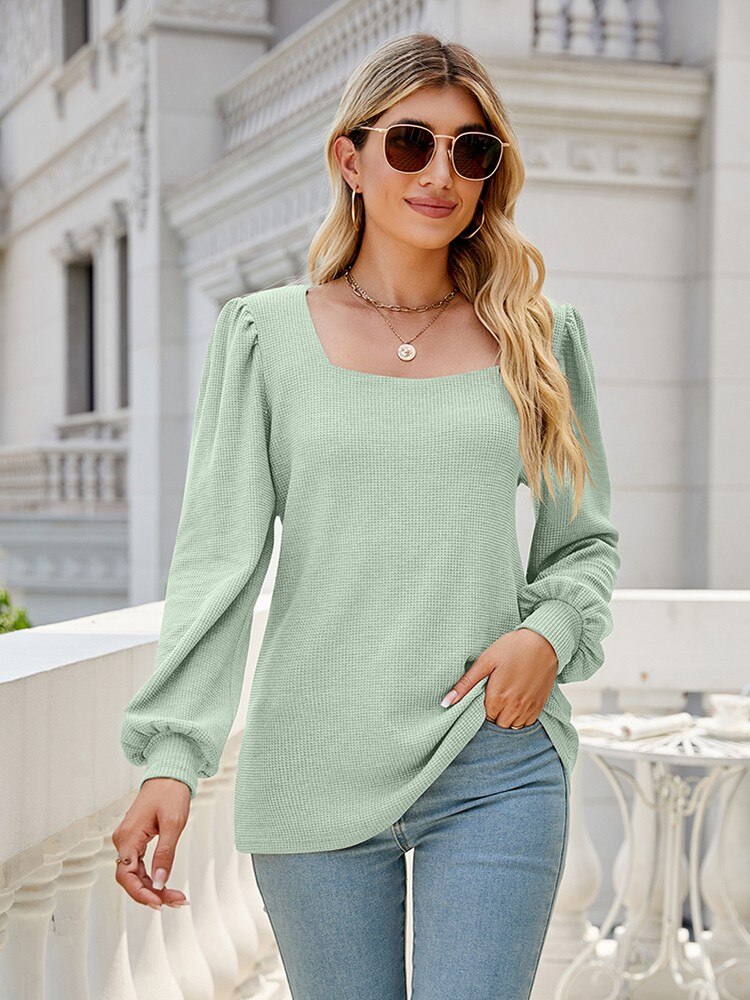 JuliaFashion - 2024 Waffle Pattern Square Collar Long Sleeve Oversized T Shirt