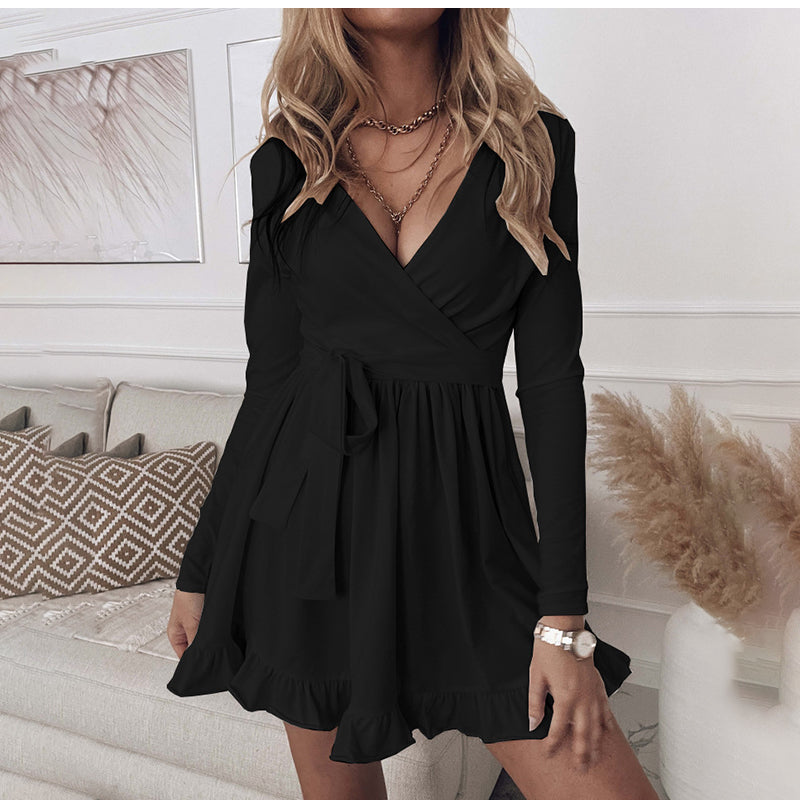 JuliaFashion-Fashion Casual Lace Up V-neck Long Sleeve Ruffles Beach Party Dress