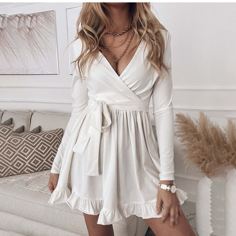 JuliaFashion-Fashion Casual Lace Up V-neck Long Sleeve Ruffles Beach Party Dress