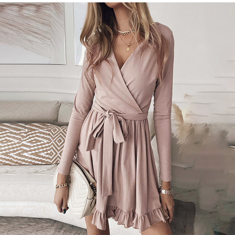 JuliaFashion-Fashion Casual Lace Up V-neck Long Sleeve Ruffles Beach Party Dress