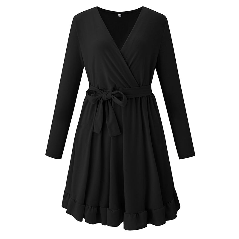 JuliaFashion-Fashion Casual Lace Up V-neck Long Sleeve Ruffles Beach Party Dress