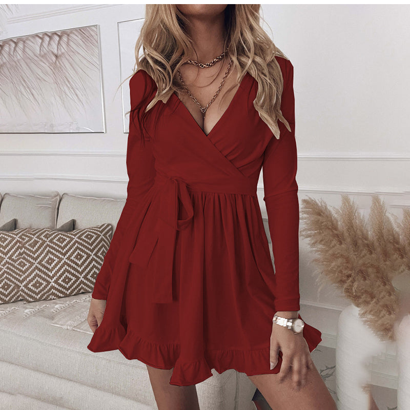 JuliaFashion-Fashion Casual Lace Up V-neck Long Sleeve Ruffles Beach Party Dress