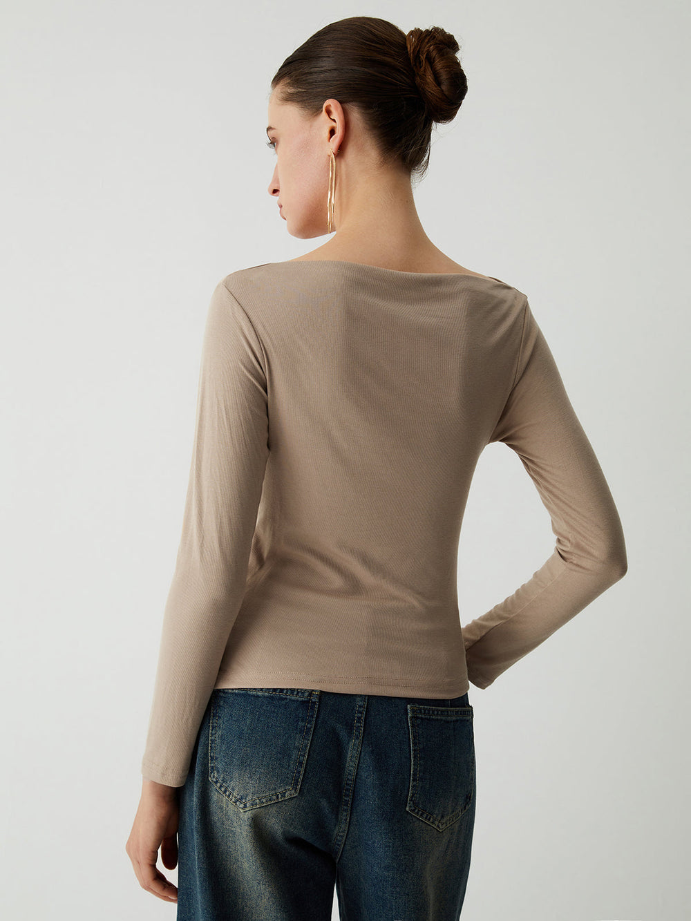 Oatmeal Ruched Graceful Long Sleeve Top T Shirts