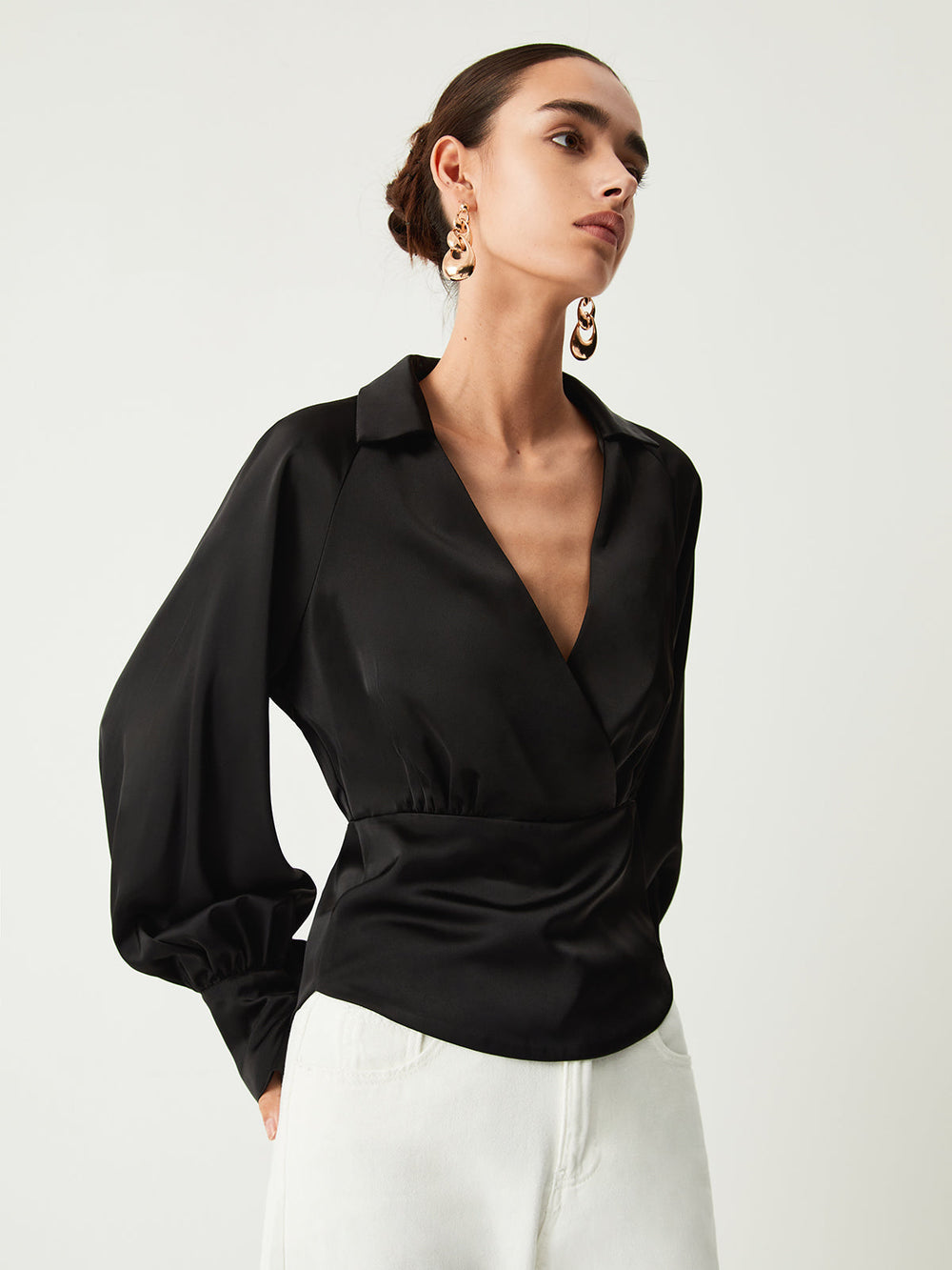 Wrap Open Collar Trendy Satin Long Sleeve Blouse Black / S Blouses