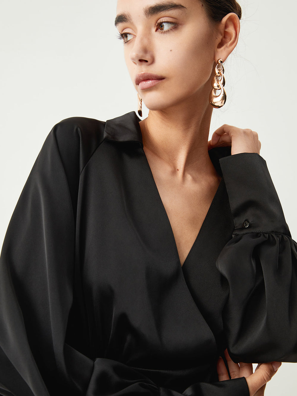 Wrap Open Collar Trendy Satin Long Sleeve Blouse Blouses