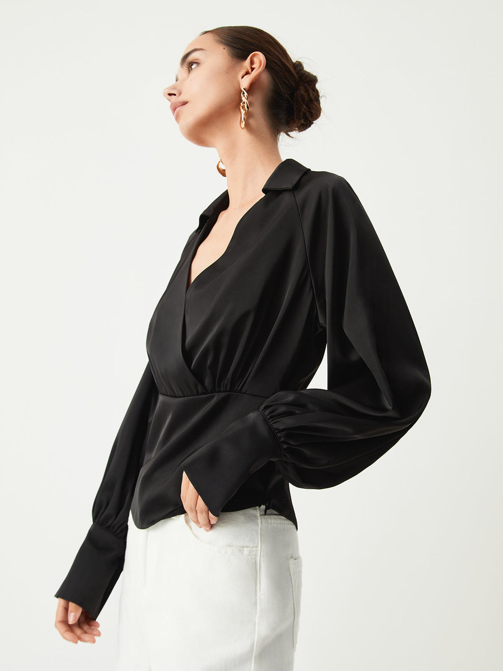 Wrap Open Collar Trendy Satin Long Sleeve Blouse Blouses