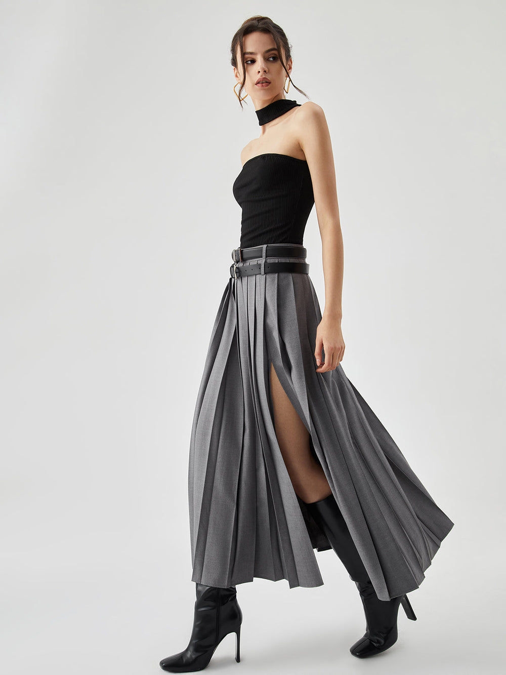 Pleated Split Maxi Trendy Skirt Without Belt Grey / XS Skirts