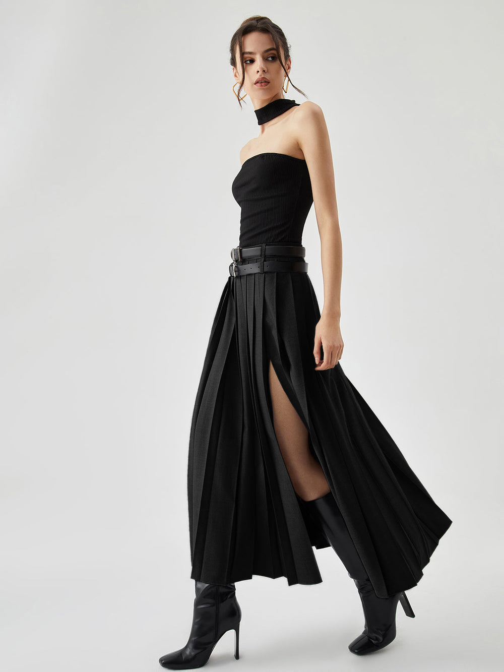 Pleated Split Maxi Trendy Skirt Without Belt Black / XS Skirts