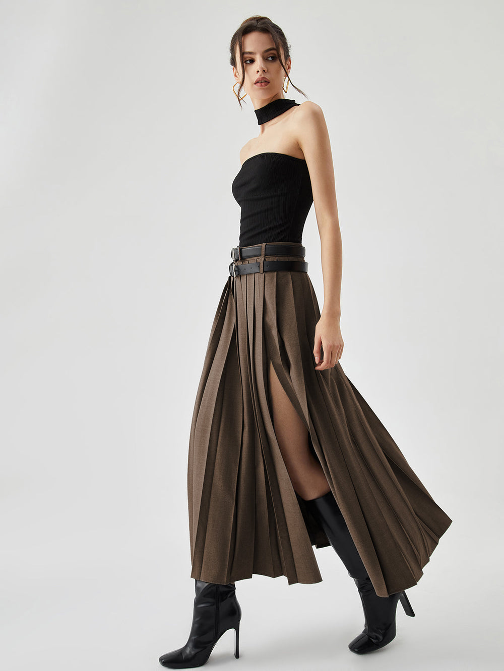 Pleated Split Maxi Trendy Skirt Without Belt Brown / XS Skirts