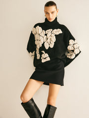 Wool Blend Turtleneck Jacquard Sweater Black / XS Sweaters