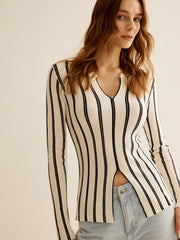 Split Pinstripe Slim Knit Top Knit Tops