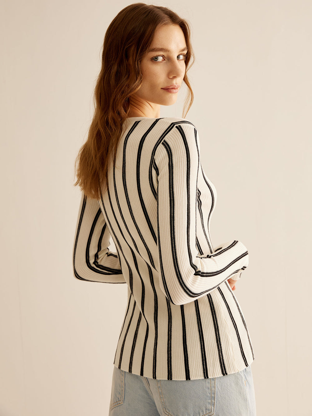 Split Pinstripe Slim Knit Top Knit Tops