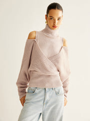 Oversized Wool Blend Turtleneck Cinched Knit Top Knit Tops