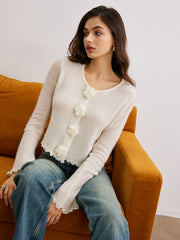Wool Blend Lettuce Trim 3D Flower Cardigan Cardigans