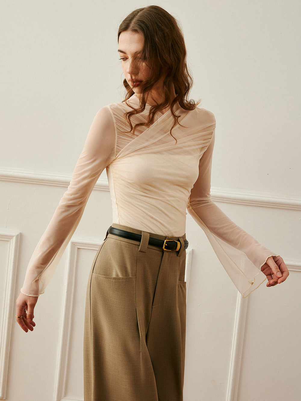 Cross Wrap Semi Sheer Top T Shirts