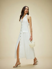 Cotton & Linen Pocket Detail Halter Neck Tie Back Dress Dresses