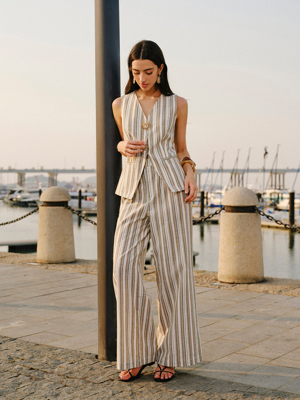 Linen & Cotton Metal Detail V Neck Striped Vest Vests