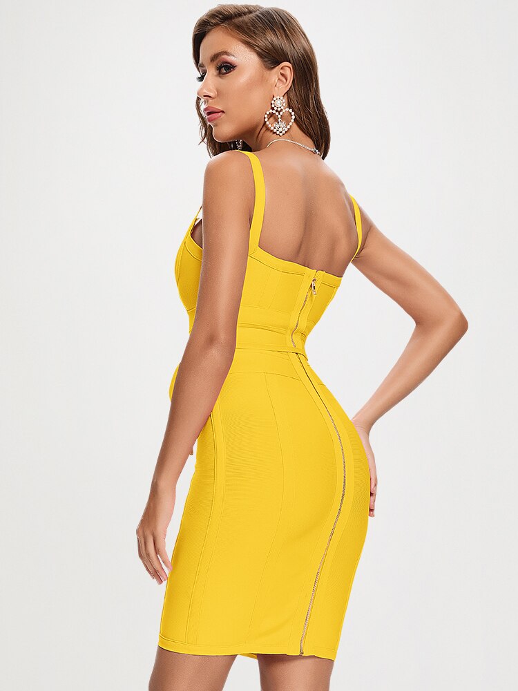 JuliaFashion - Spaghetti Strap Belt Sashes V-Neck Bodycon Dresses