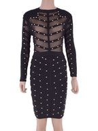 JuliaFashion-Knee Length Mesh Rivets  Bodycon See Through Elastic Dress