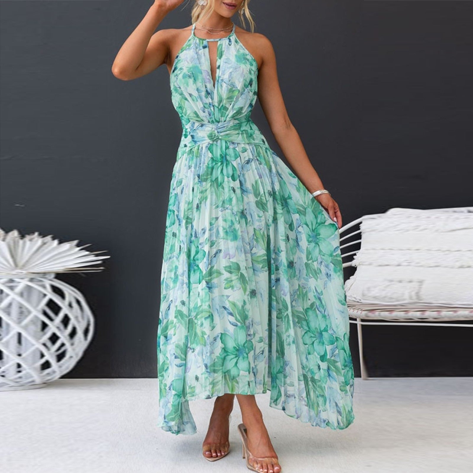 JuliaFashion - Sexy V-Neck Floral Backless Maxi Dress