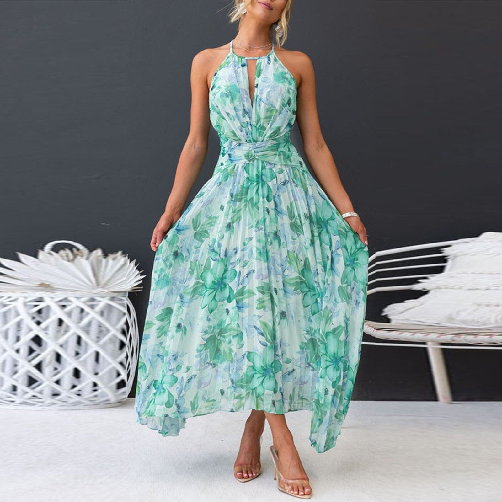 JuliaFashion - Sexy V-Neck Floral Backless Maxi Dress