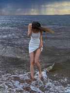 Julia Fashion - Basic White Spaghetti-strap Sleeveless A-line Mini Dress