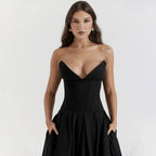 Black Plunge Corset Midi Dress