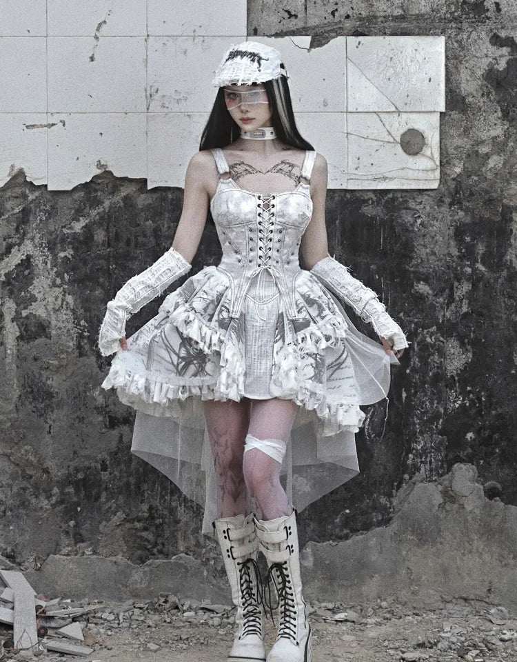 Original Lolita Trailing Gothic Suspender Niche Dress Punk Light Vintage Madhouse Print Dress