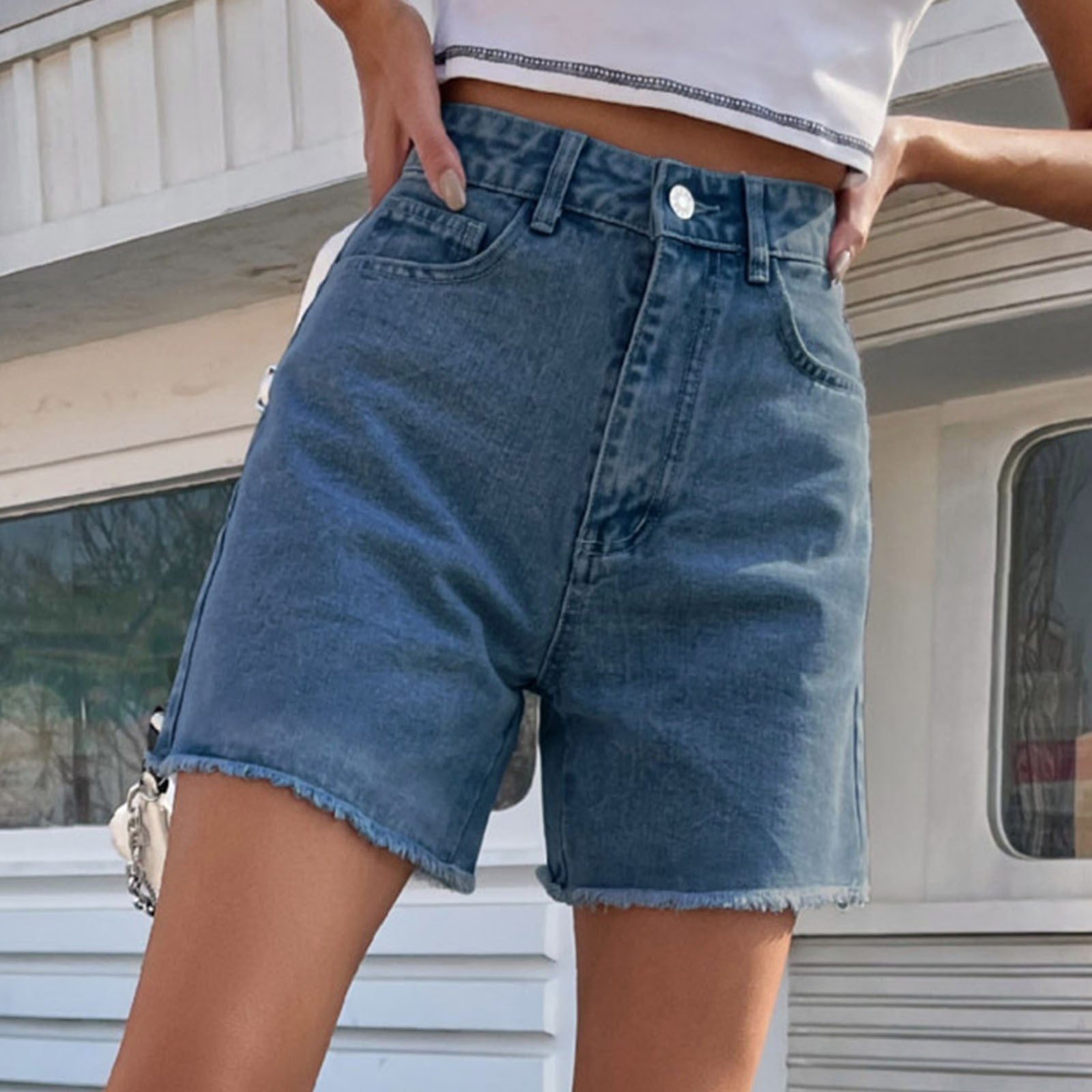 JuliaFashion-Chic High Waist Blue Denim Short