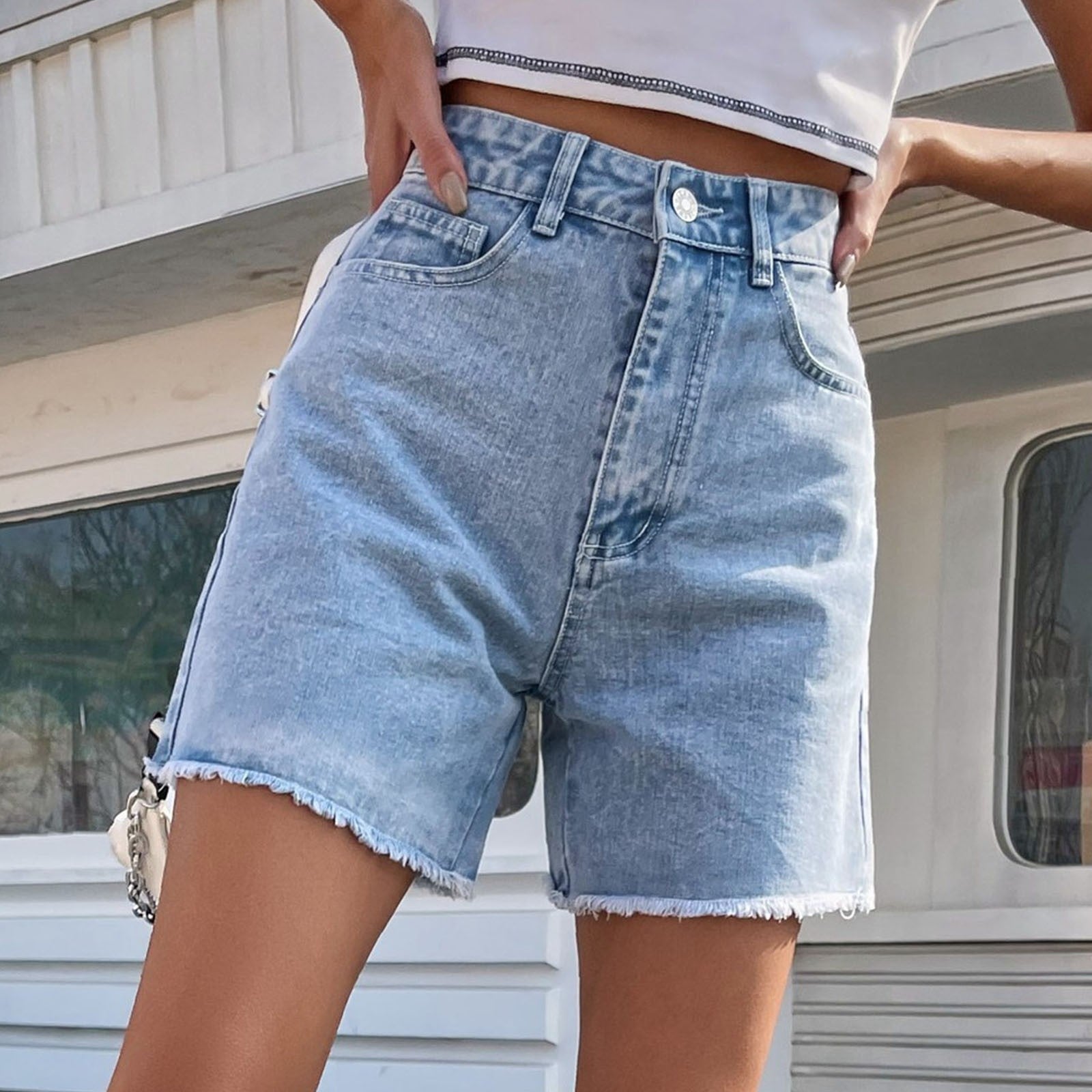 JuliaFashion-Chic High Waist Blue Denim Short