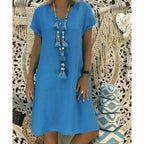 JuliaFashion-Summer Boho Cotton Linen V-Neck Dress