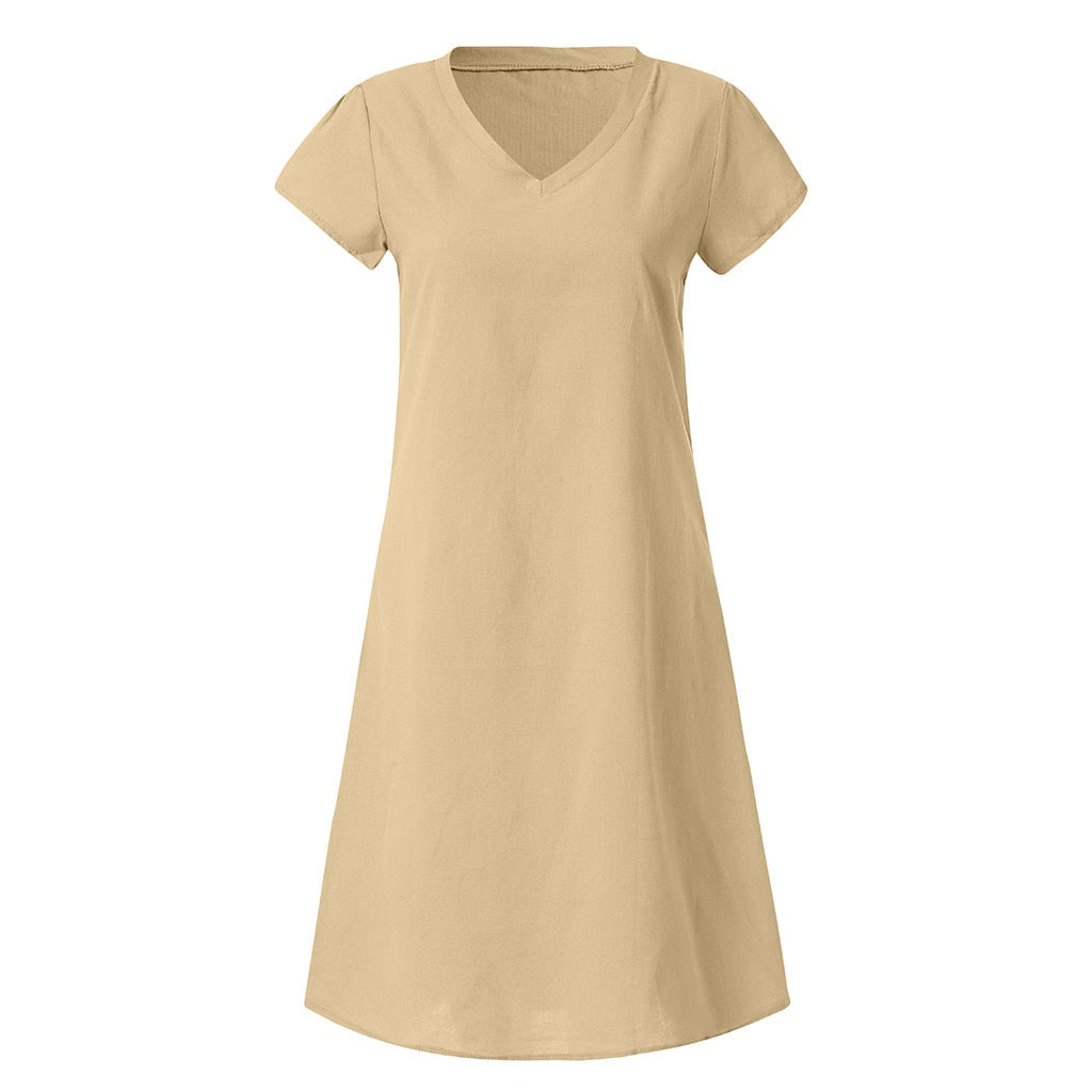 JuliaFashion-Summer Boho Cotton Linen V-Neck Dress