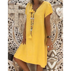 JuliaFashion-Summer Boho Cotton Linen V-Neck Dress